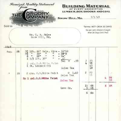 Statement and envelope, The Corddry Company, Sept. 1949