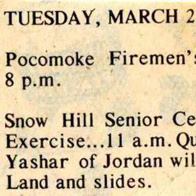 Newspaper clipping, Ghada Yashar speaking at Snow Hill Senior Center, Mar. 1976