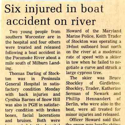 Newspaper clipping, “Six injured in boat accident on river,” Aug. 1979