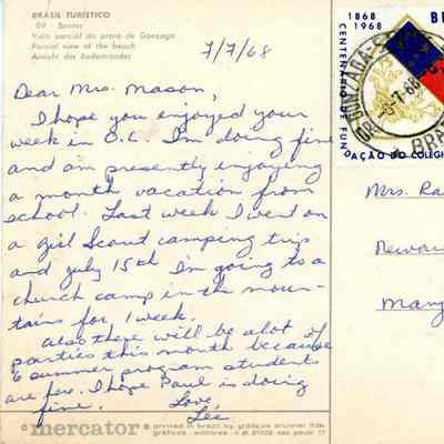 Correspondence, Postcard from Lee Shockley to Mrs. Ralph Mason, 1968