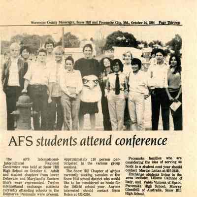 Newspaper clipping, “AFS students attend conference,” Oct. 24, 1984