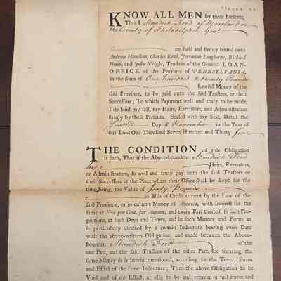 (Franklin Imprint). Know All Men By These Presents, (1735)