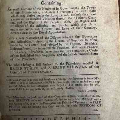 [FRANKLIN, Benjamin, or Joseph GALLOWAY]. A True and Impartial State of the Province of Pennsylvania.