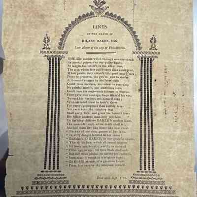 (YELLOW FEVER). (BROADSIDE) Lines on the Death of Hilary Baker,