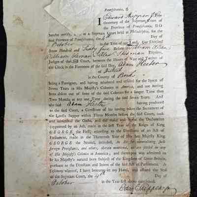 (FRANKLIN IMPRINT). Certificate of Naturalization and Oath of Allegiance