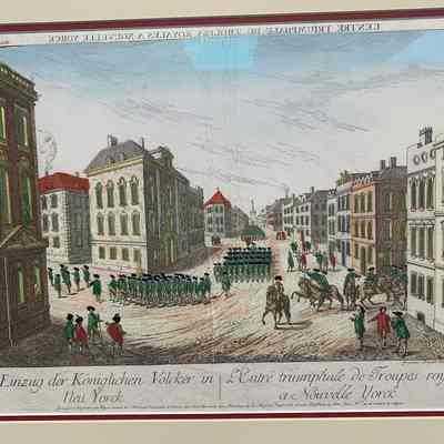 Vue d'Optique] Der Einzug der Kniglichen Vlcker in Neu Yorck. L' Entre triumphale de Troupes royales a Nouvelle Yorck