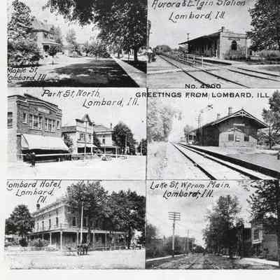 P75-141 Photo of Postcard Featuring 9 Views of Lombard: Maple Street, Chicago Aurora & Elgin Railroad Station, Scene on Mr. A.H. Andrews' Lawn, Park Street North, Chicago Northwestern Railroad Station, Park Street, Lombard Hotel, Lake Street (St. Charles Road) Looking West From Main Street and the State Bank