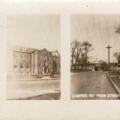 1999.105.13 Postcard Featuring Three Small Photos: Lombard Village Hall, View of North Main Street and View of West St. Charles Road (Lake Street)