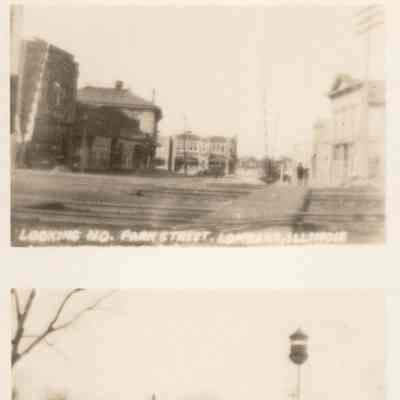 1999.105.11 Postcard Featuring Three Lombard Views: Looking North on Park Street, Looking North on Main Street and a View of the Chicago, Aurora & Elgin Electric Train Coming Through Lombard