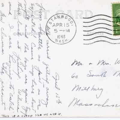 Message side of the postcard, with the address, stamp, postmark, and message (no signature)