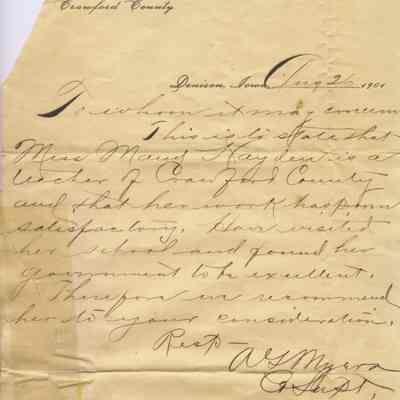 Letter of Recommendation for Schoolteacher Maud Hayden
