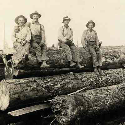 Sending them on their way: Four loggers sit atop a pile of at least 8 tree trunks on a train car.: Four men in logging attire sit atop a pile of tree trunks (at least 8) on what looks to be a Tacoma Eastern Railroad train car. 2023.001.I.B2.a008
