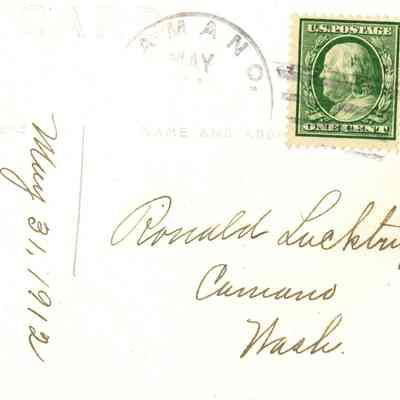 Reverse of the postcard, dated May 31, 1912. Sent to Ronald Lacktrup from Esther E. Livesey: 2023.001.I.F.b01 reverse