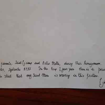 Photo of St. Gianna and Pietro (her husband) on their honeymoon, closeup on note