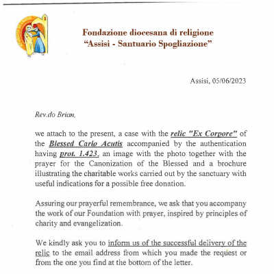 Aquisition Letter, June 2023 (scan): Addressed to Rev. Brian Ching, CSC, rector of Basilica of Sacred Heart