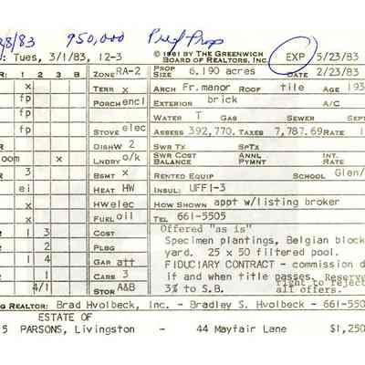 Parsons Residence 44 Mayfair Lane Info Card