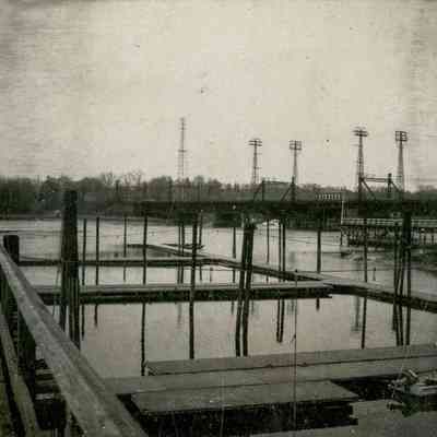 Empty Docks on the Mianus River toward railroad Bridge