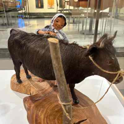 Japanese Farmer Ningyo Doll with Tanba or Kobe Cow Doll
