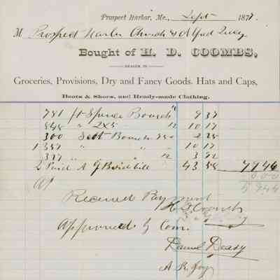 Receipt from H. D. Coombs for the Prospect Harbor Union Church.