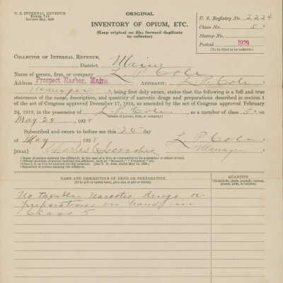 U.S. IRS form - Inventory of Opium. Completed by Louis P. Cole.
