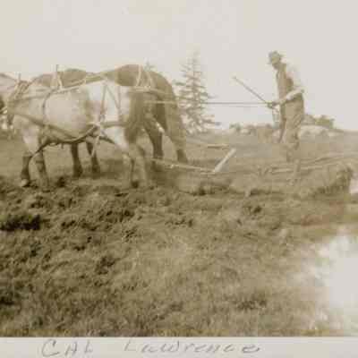 Cal Lawrence plowing behind two horses.