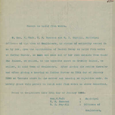 Permit from the Town of Gouldsboro to Daniel Deasy to build fishing weirs at Indian Harbor.