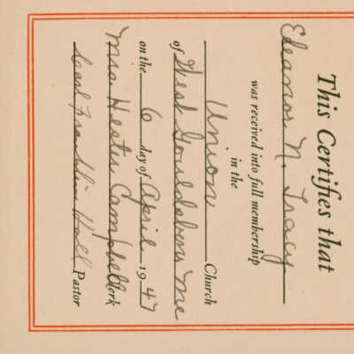 West Gouldsboro Union Church Certificate of Membership and Baptism