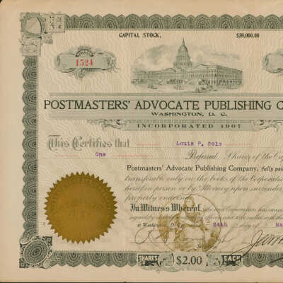 Certificate from Postmasters' Advocate Publishing Company.