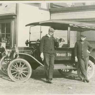 Byron Moore and Joe Winslow in front of in Byron Moore's store in Prospect Harbor, Maine