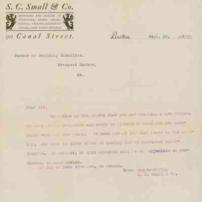 Letter to Prospect Harbor Church Building Committee From S. D. Small Company.