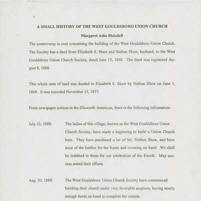 A Small History of the West Gouldsboro Union Church