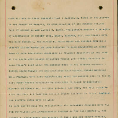 Deed for property transfer from Barbara Tracy to George and Albert Tracy in 1886