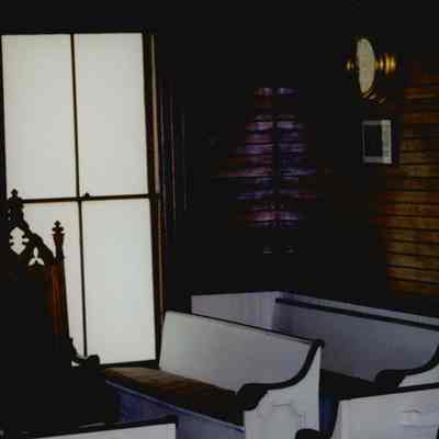 West Gouldsboro Union Church Interior with White Pews.