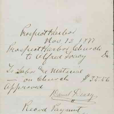 Receipt for payment to Alfred Tracy for labor and materials for the Prospect Harbor Union Church.