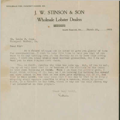 Letter from Calvin L. Stinson to Louis P. Cole.
