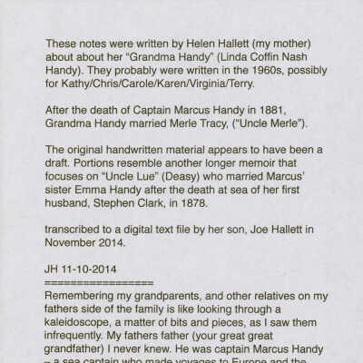 Helen Handy Hallett's Reminiscences. 2014 Edition.