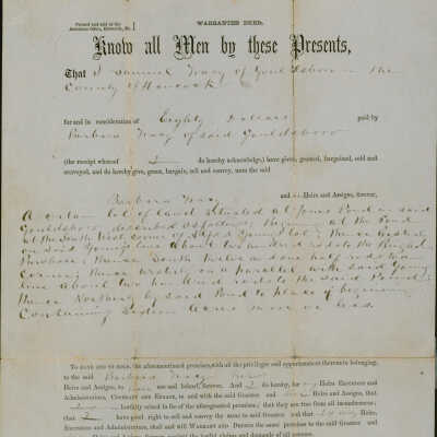 Deed for property transfer from Samuel Tracy to Barbara Tracy in 1863