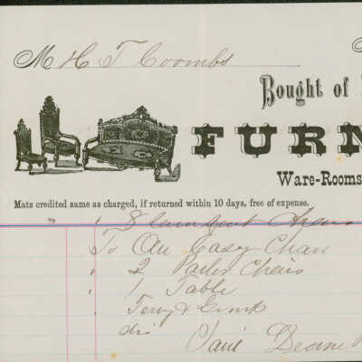 Receipt for furniture purchased from Deane Brothers in Portland, Maine by Hiram Coombs.
