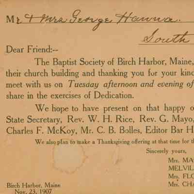 Invitation to the Dedication of the Birch Harbor Baptist Church Building
