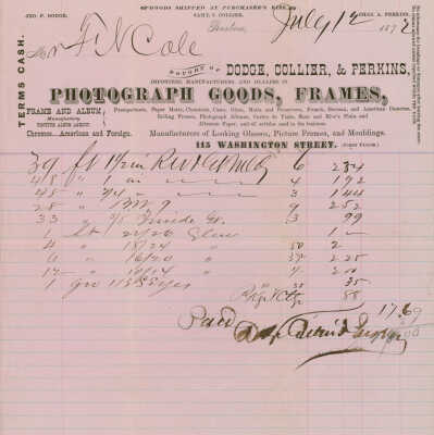 Receipt for photographic supplies from Dodge, Collier & Perkins in Boston.