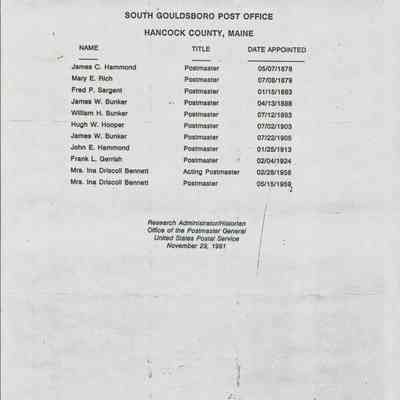List of Postmasters in South Gouldsboro, Maine (1878 - 1959).