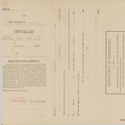 Military pension document for Allen Moore Cole.