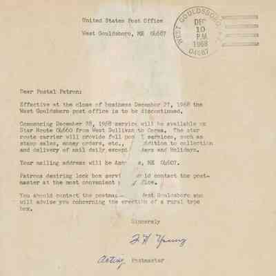 Notification of closing of the West Gouldsboro Post Office in 1968.