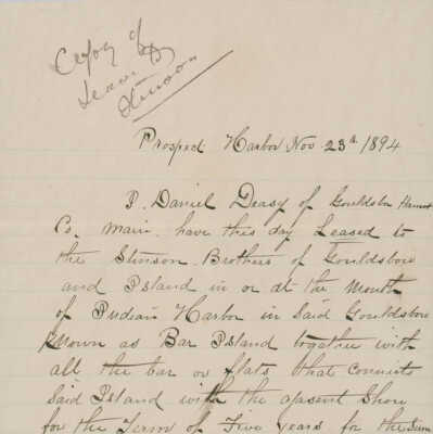 Lease of Bar Island and adjacent shore in Indian Harbor to the Stinson Brothers by Daniel Deasy.