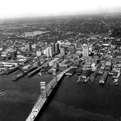 Riverfront whaves: Downtown waterfront aerial view c.1950's