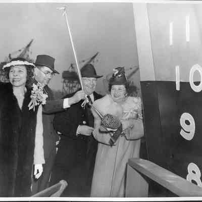 S. S. Ponce De Leon Hull #1 launching with Mrs. Kenneth A. Merrill, Kenneth Small, James C. Merrill, and Mrs. James C. Merrill