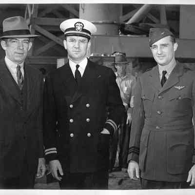 D.J. O'Mahoney and 2(two) men at the S.S. Ponce de Leon Launching, March 1943.