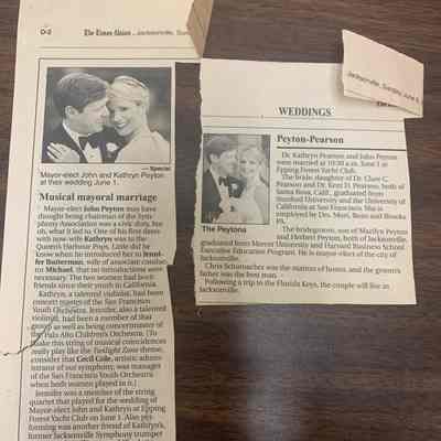 Newspaper clipping from The Times Union focusing on the wedding of John and Kathryn Payton