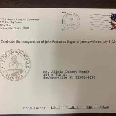 Envelope from Mayoral Inaugural Committee inviting Ms. Alicia Dorsey Frank to celebrate