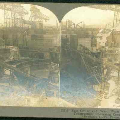 East Center and West Walls of Upper Lock Under Construction, Conveying Concrete by Chutes; Miraflores Locks, Panama Canal